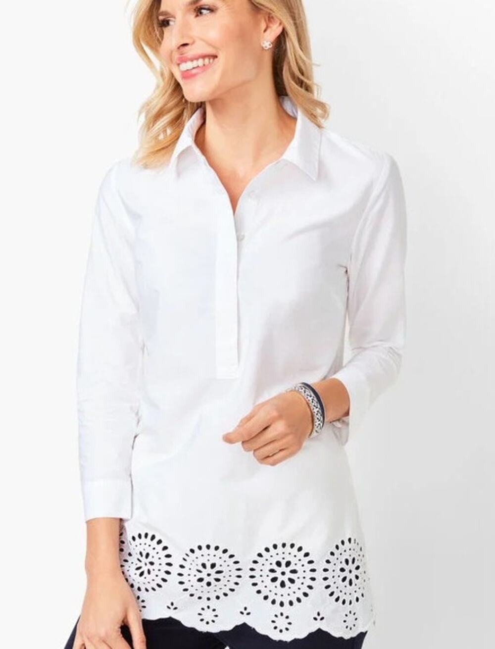 NWT Talbots Embroidered Eyelet-Hem Tunic White Cotton Top Womens Sz Sm